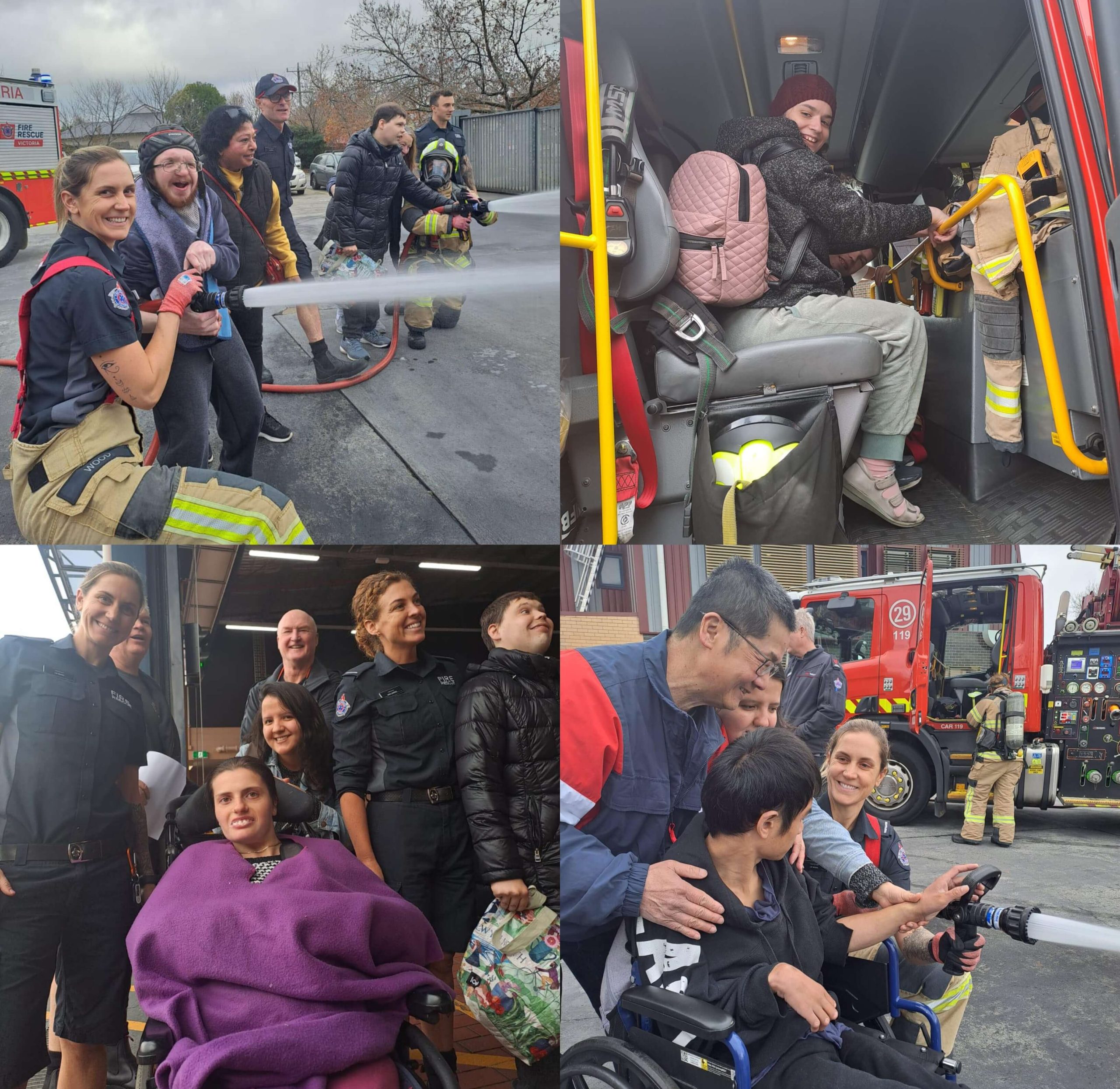 An image collage. From left to right, a photo of Baruch and Stewart having a go at using the fire hoses with support of firefighters and Able support staff. A image of Rebecca smiling as she sits in a fire truck. A image of Samantha smiling next to Able support staff member and firefighters. A image of Samuel having a go at using a fire hose with support of firefighters and Able support staff.