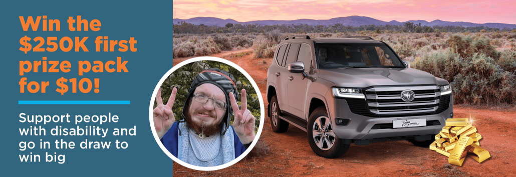 A banner image that has a large photo of a grey Toyota LandCruiser and next to it is a pile of gold bullions. There is a photo of client, Baruch smiling. In bold text it says 'Win the $250K first prize pack for $10'