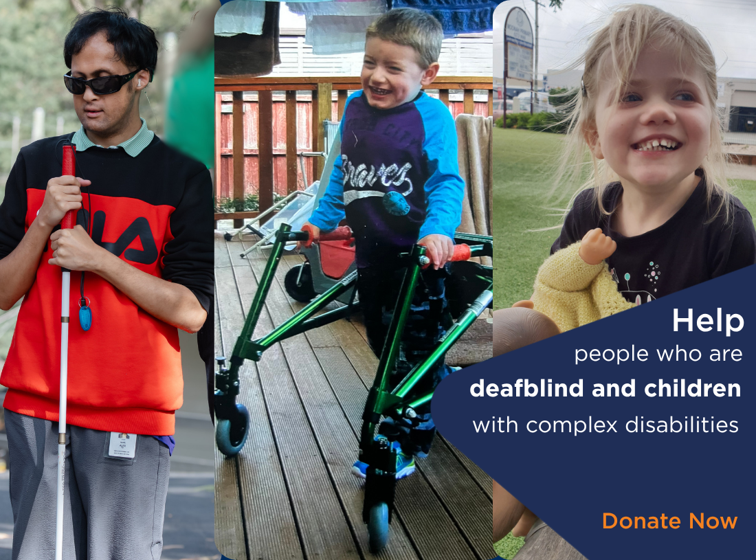Three images - 1. A male standing with his white cane and wearing glasses. 2. A boy on a deck using his walker. 3. A girl in a playground smiling holding her doll.